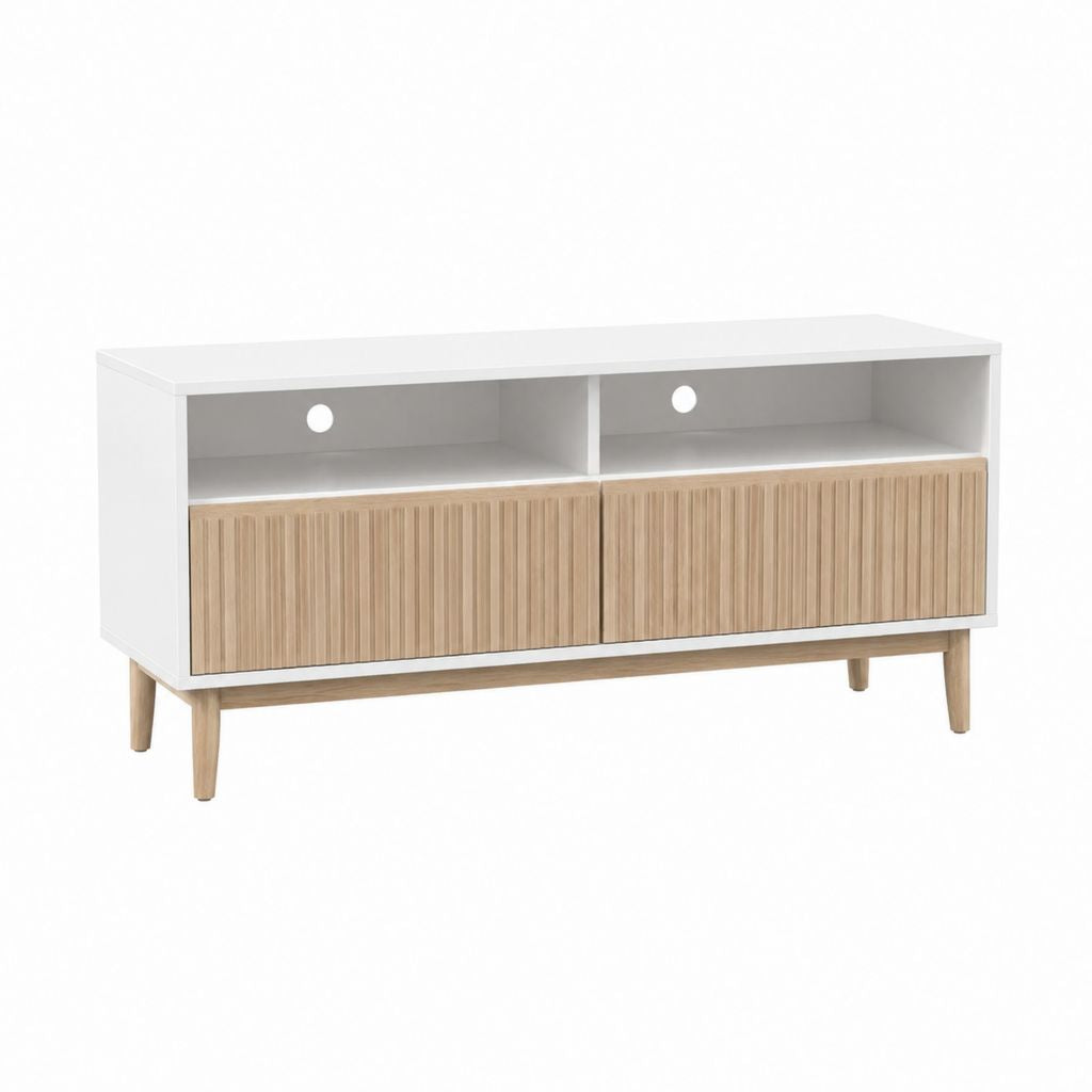 Meuble TV rectangulaire blanc et chêne en MDF 120 x 40 x 60 cm avec 2 portes et 2 niches