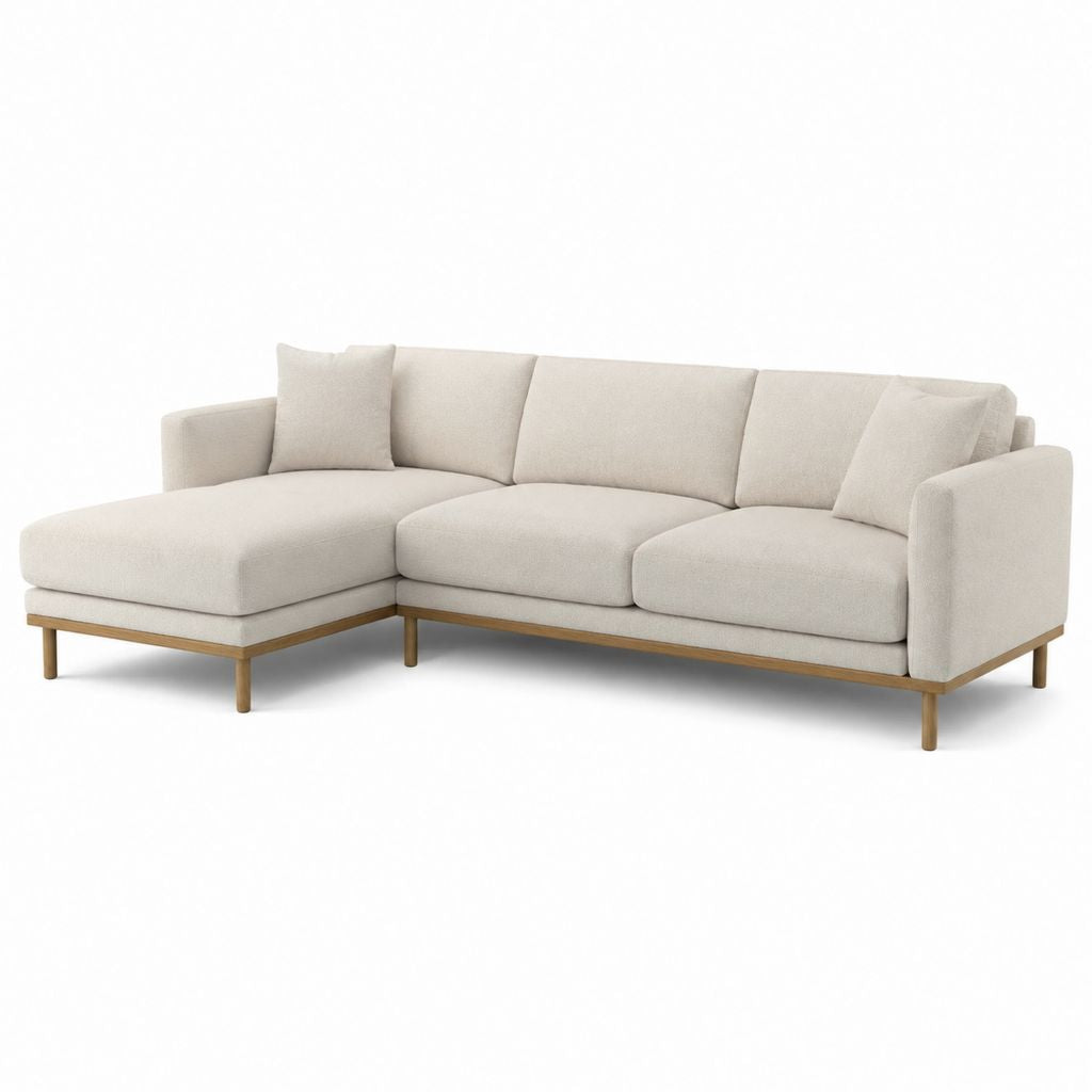 Canapé d'angle gauche 3 places beige en polyester avec pieds en bois massif 270 x 160 x 85 cm