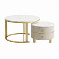 Ensemble de 2 tables basses rondes blanc et doré en MDF effet marbre et acier 80 x 50 cm et 70 x 45 cm