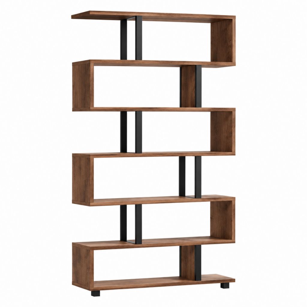 Bibliothèque étagère ouverte marron noyer et noir en panneaux MDF et acier 80 x 30 x 180 cm