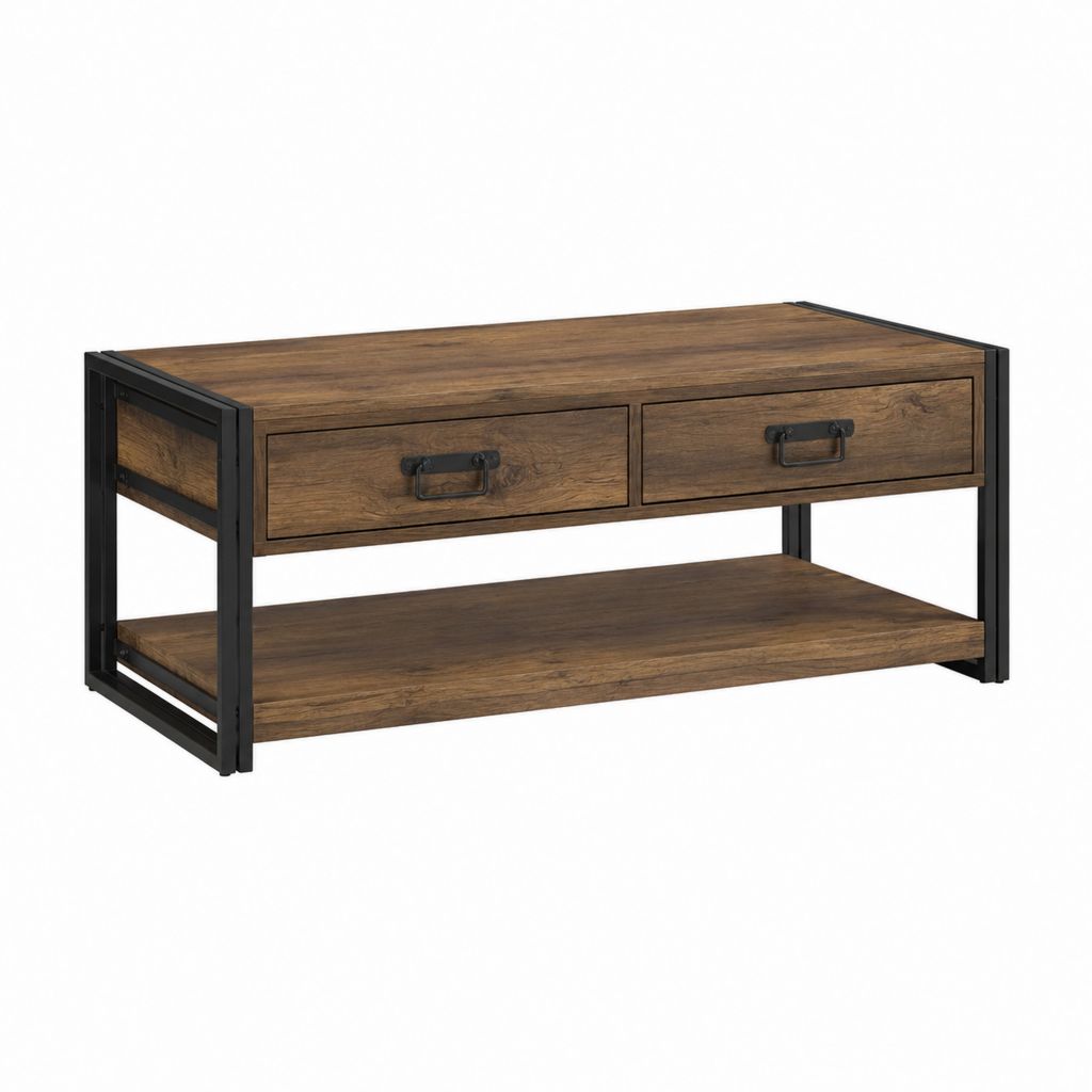 Table basse rectangulaire marron et noir en panneaux de particules et acier avec 2 tiroirs 110 x 60 x 45 cm