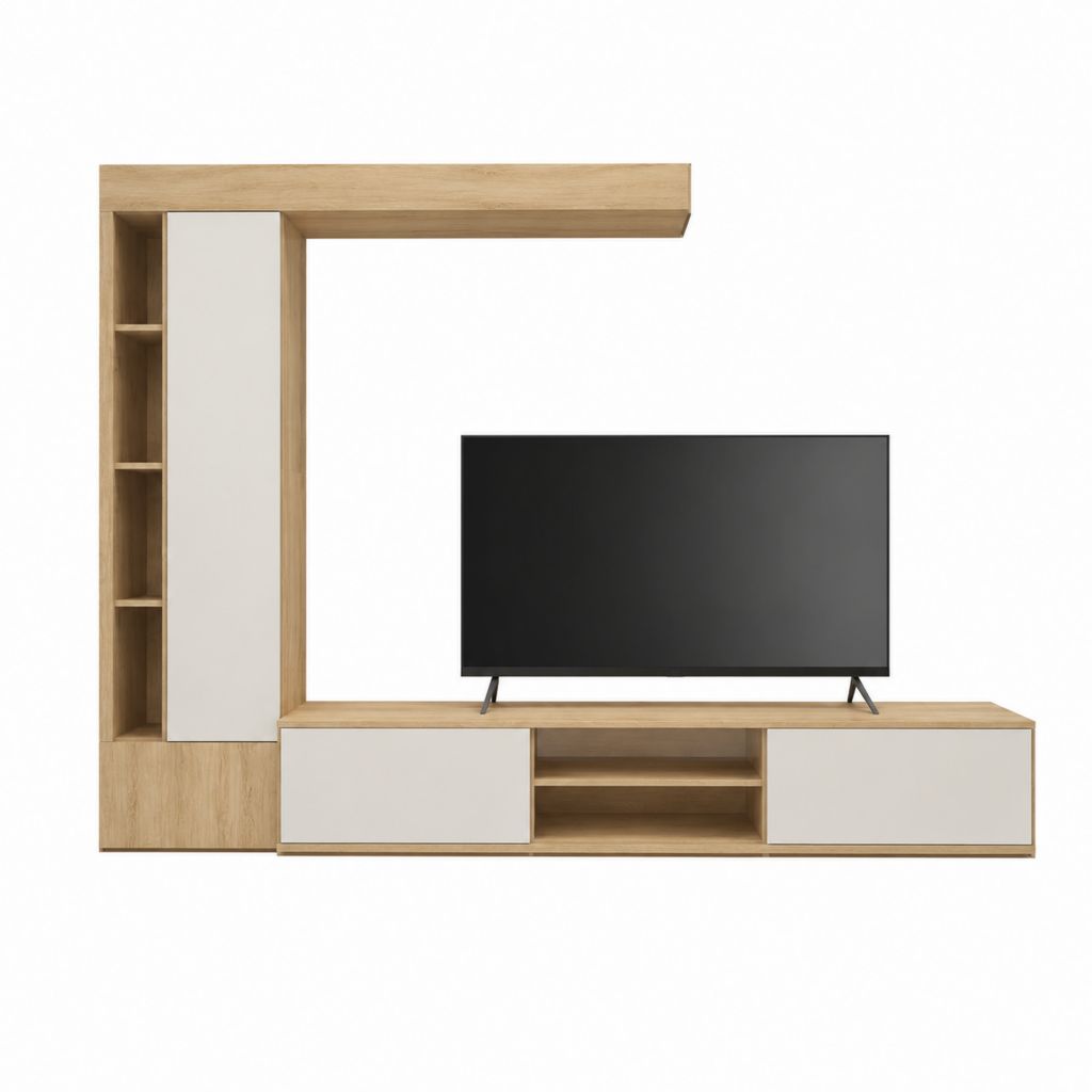 Meuble TV mural avec colonne de rangement chêne clair et blanc en panneaux de particules mélaminés 240 x 40 x 180 cm