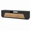 Meuble TV 180 cm noir et décor chêne en panneaux MDF avec 2 tiroirs 3 portes et niche ouverte