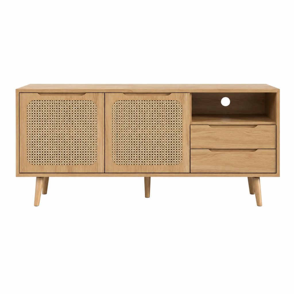Meuble TV 160 x 40 x 80 cm chêne naturel et cannage en rotin avec 2 portes 2 tiroirs