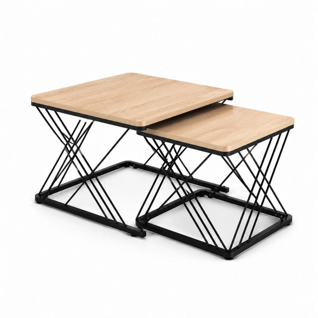 Lot de 2 tables basses gigognes rectangulaires chêne clair et noir en panneau MDF et acier 90 x 60 x 45 cm et 70 x 45 x 40 cm