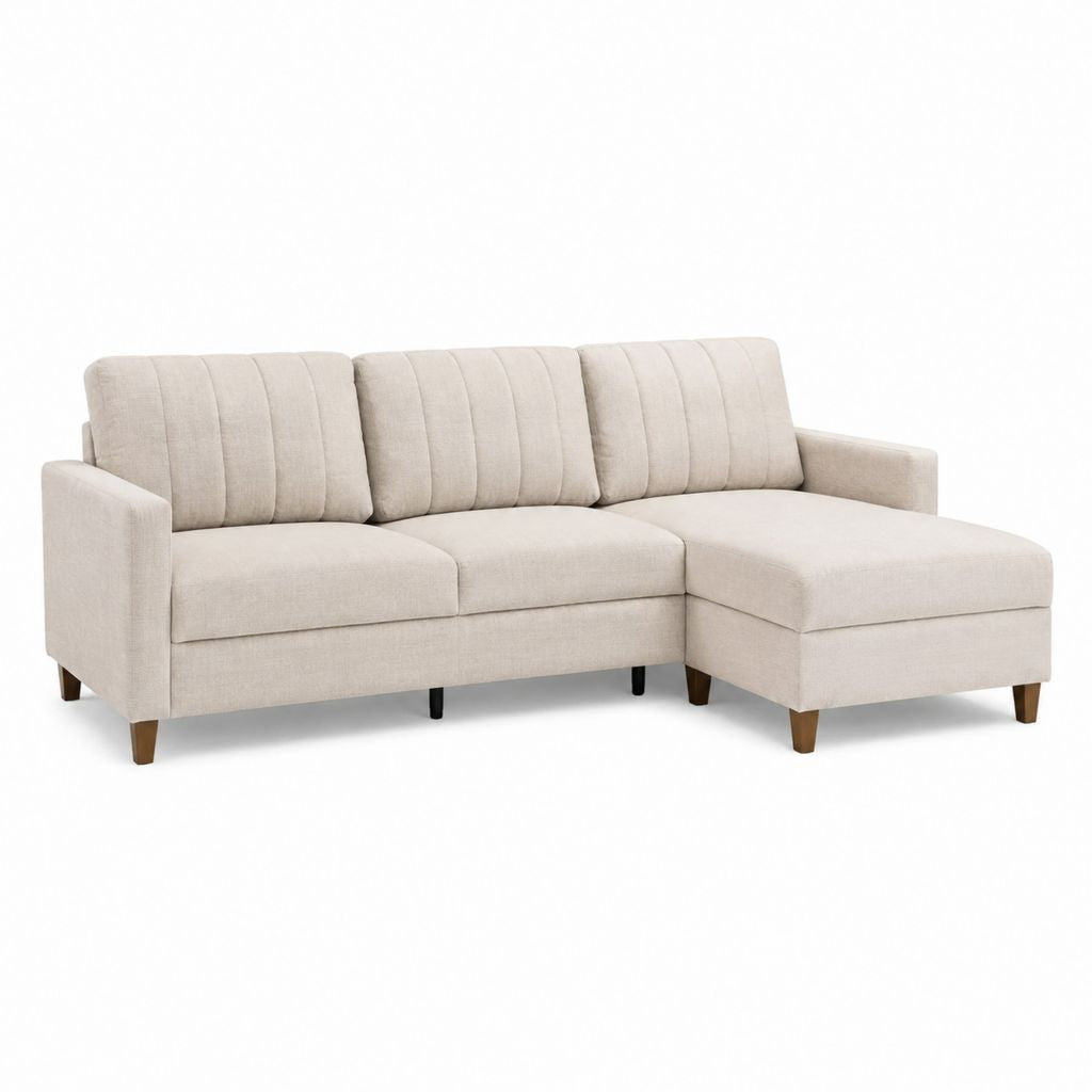 Canapé d’angle 3 places avec méridienne à droite beige en polyester 230 x 150 x 85 cm