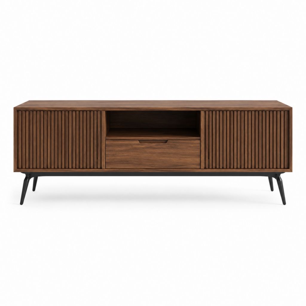 Meuble TV bas marron noyer en MDF rectangulaire 180 x 40 x 60 cm avec 2 portes coulissantes et 1 tiroir