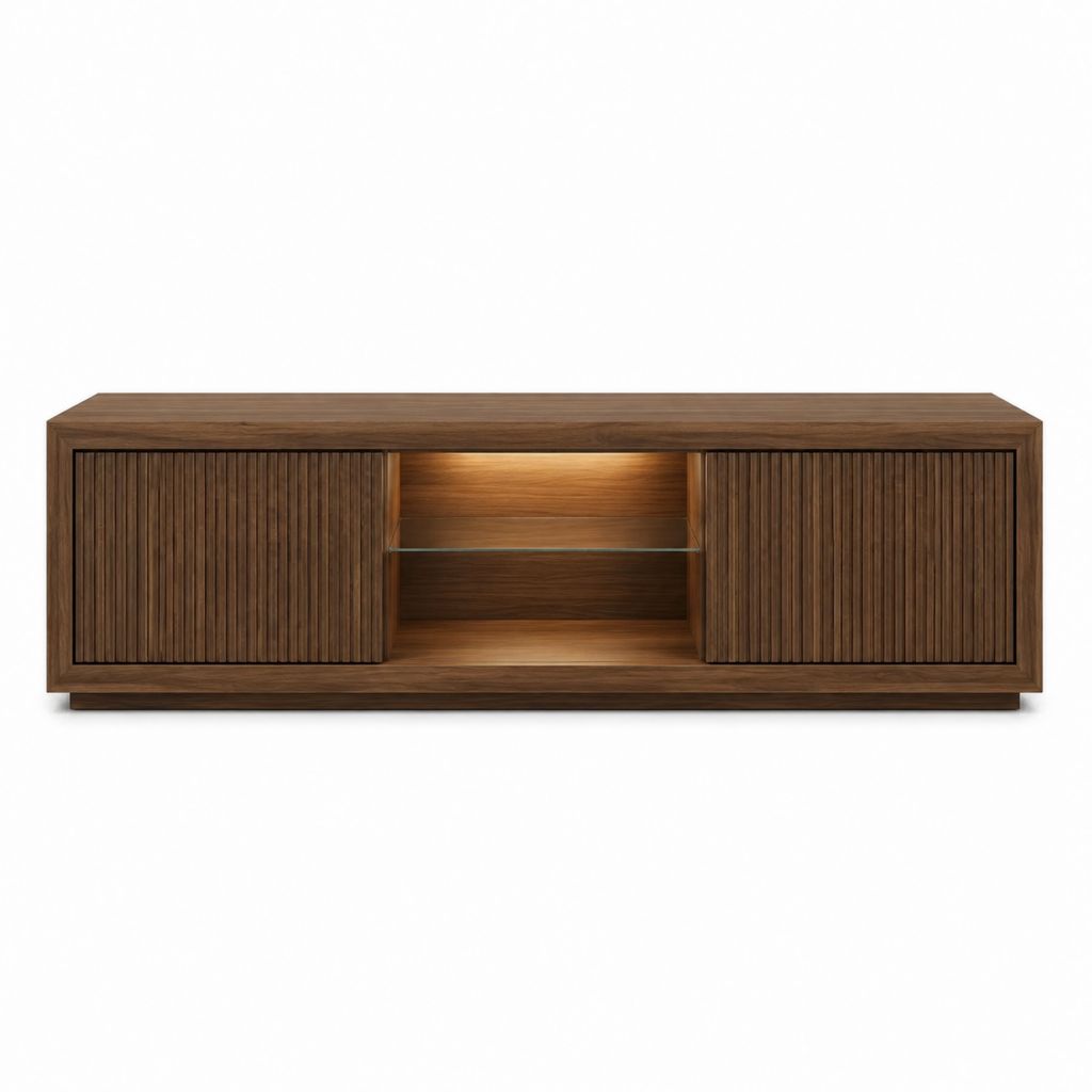 Meuble TV en placage noyer brun avec portes coulissantes rainurées et éclairage LED 180 x 40 x 60 cm