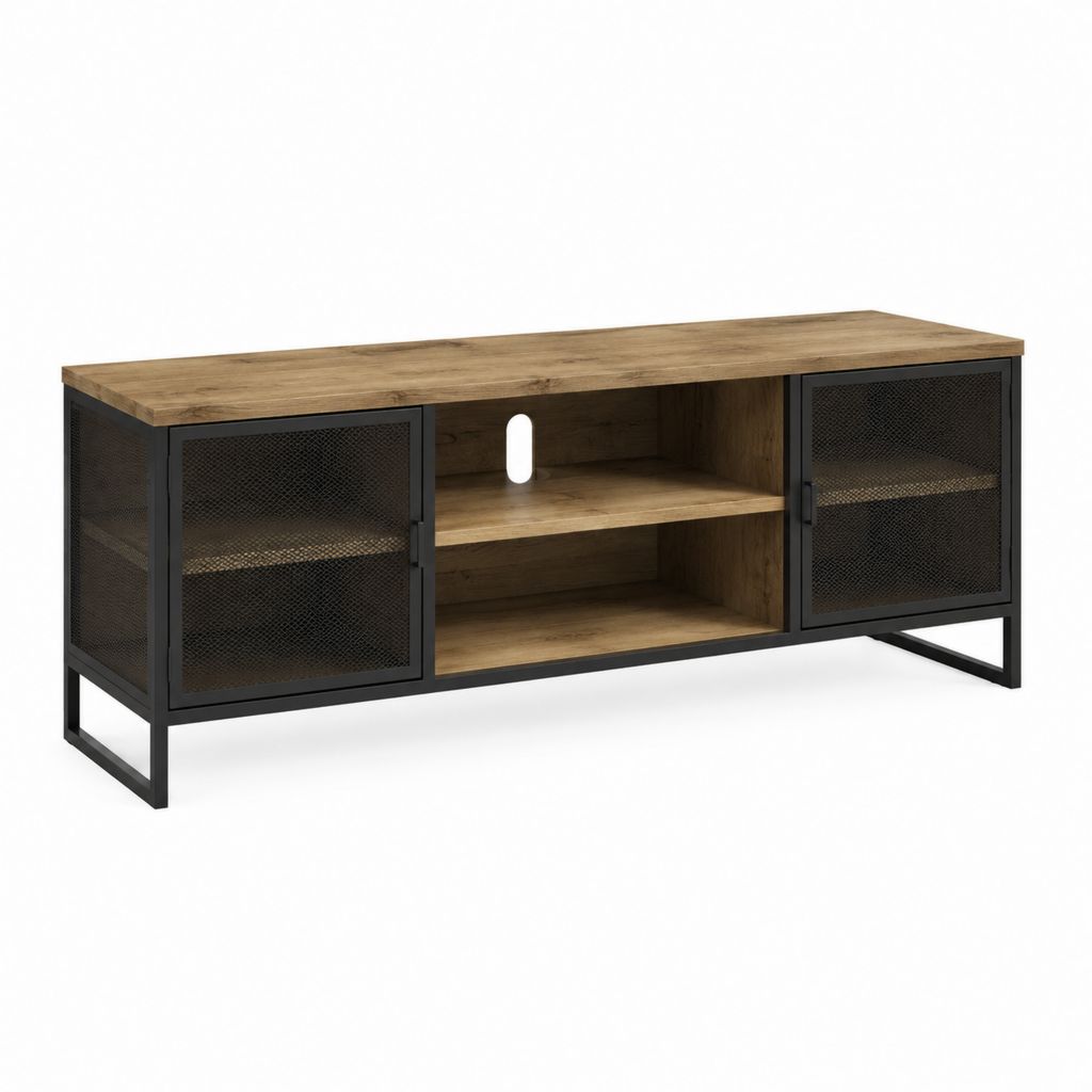 Meuble TV industriel marron et noir en panneaux de particules et acier 140 x 40 x 60 cm