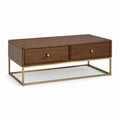 Table basse rectangulaire noyer en MDF plaqué avec 2 tiroirs et piètement acier doré 120 x 60 x 45 cm