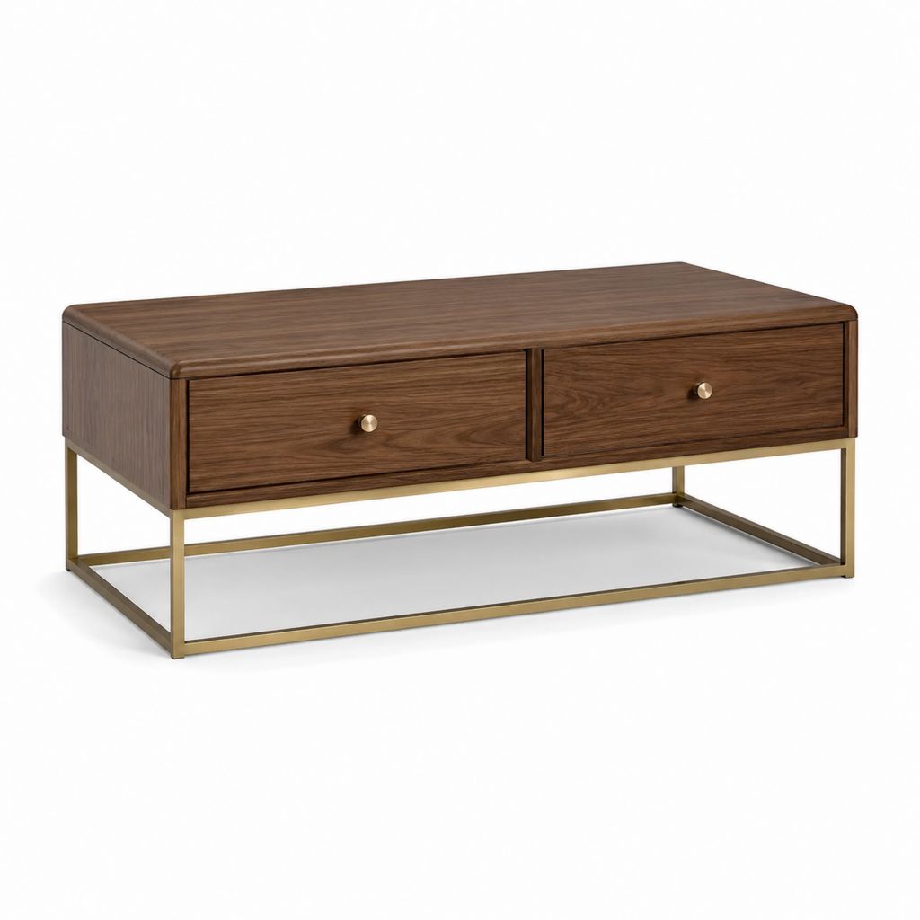 Table basse rectangulaire noyer en MDF plaqué avec 2 tiroirs et piètement acier doré 120 x 60 x 45 cm
