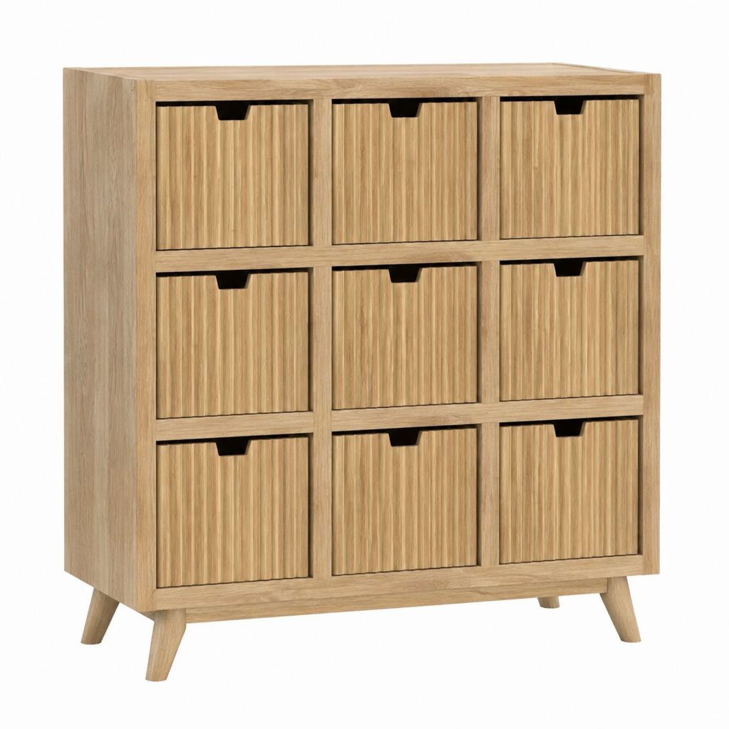 Commode basse à 9 tiroirs chêne clair en MDF 90 x 40 x 100 cm