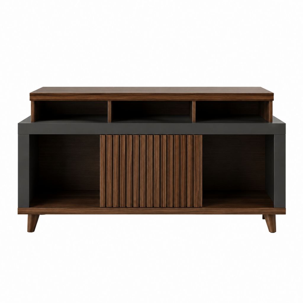 Meuble TV 150 cm marron noyer et noir en panneaux MDF avec porte coulissante rainurée