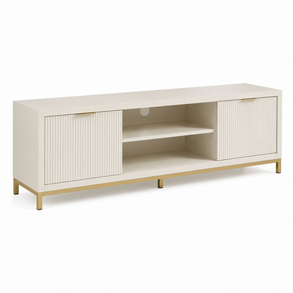 Meuble TV rectangulaire blanc en panneaux MDF 160 x 40 x 60 cm avec 2 portes et niches de rangement