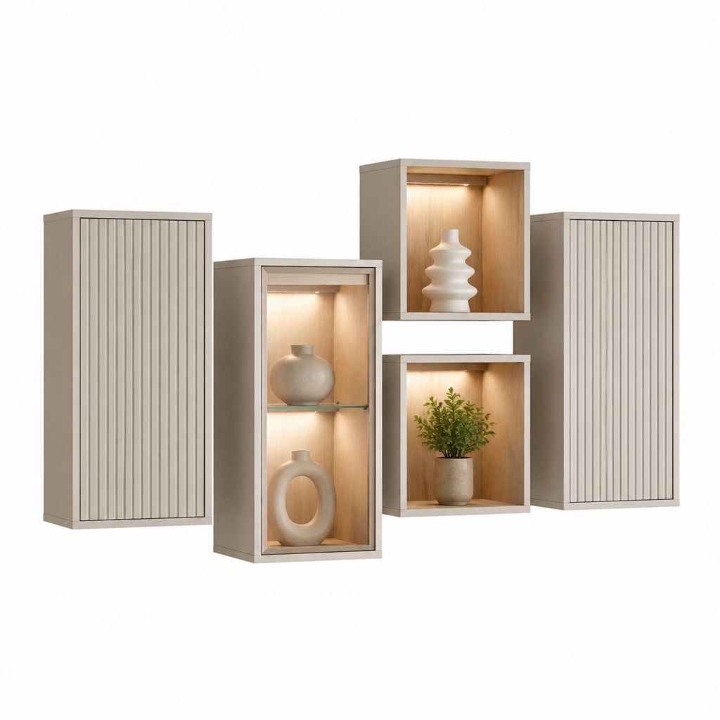 Ensemble meuble TV mural 5 pièces beige en MDF rectangulaire avec éclairage LED 200 x 120 x 30 cm