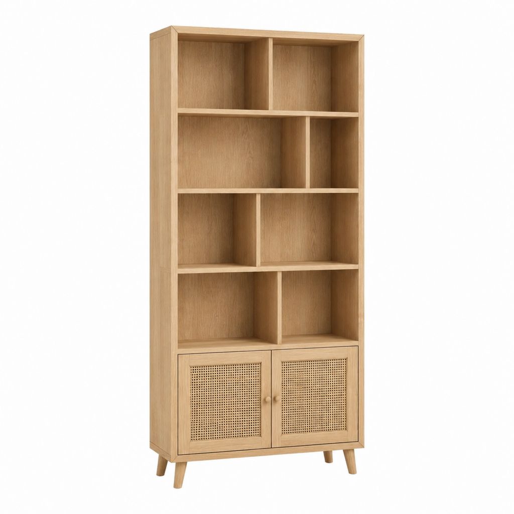 Bibliothèque haute rectangulaire en MDF plaqué chêne naturel avec portes en rotin 80 x 35 x 180 cm